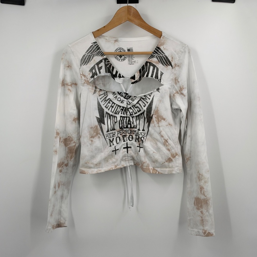 Affliction Speed Trials LS Tee White Tan Tie Dye Graphic Crop Top XL Mens Womens